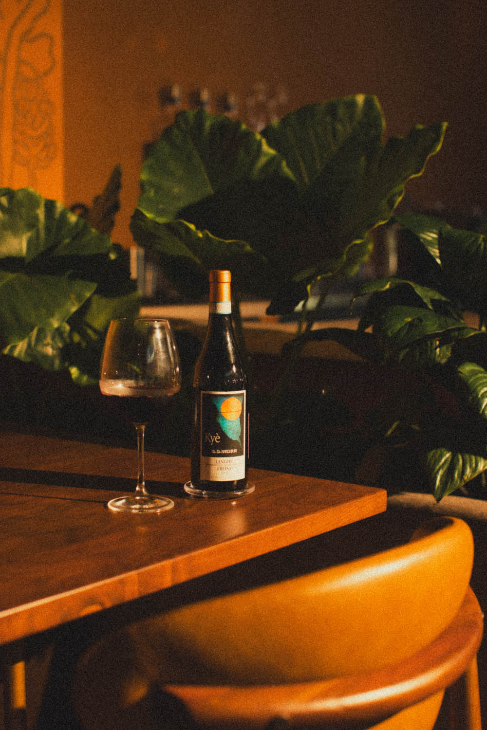 A glass of red among tropical leaves